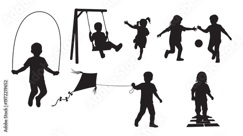 Black silhouette children playing, kids outdoor activities, playground fun, vector icons
