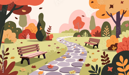 Path with benches in autumn park