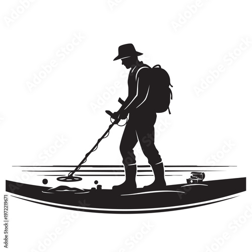Man Metal Detecting on Beach Treasure Hunter Searching for Hidden Objects with Detector and Backpack Silhouette