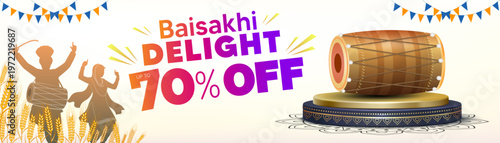 Baisakhi Festive joy, fun, dance and background with Baisakhi Delight up to 70% off, sale, offer, discount, deal promotion logo and product presentation podium design.