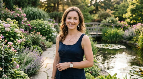 Professional woman smiling in lush garden with blooming flowers and water feature in soft natural light