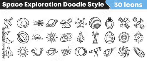 A diverse collection of hand drawn space exploration doodle style icons featuring planets, rockets, and satellites for educational and design projects.