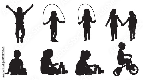 Black silhouette children playing, kids recreation activities, playground fun, jump rope cycling