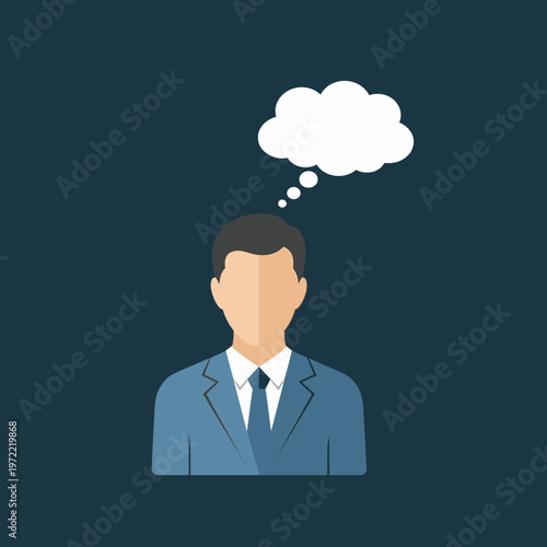 Illustration of a faceless man in a suit with a thought bubble above his head.