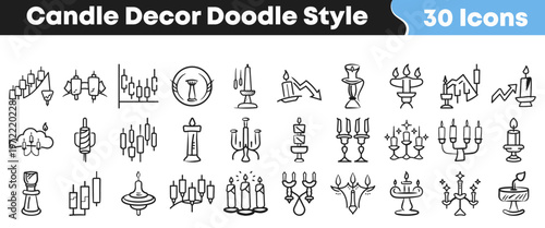 Charming collection of hand-drawn candle decor icons presented in a delightful doodle style, ideal for diverse design projects and decorative needs.