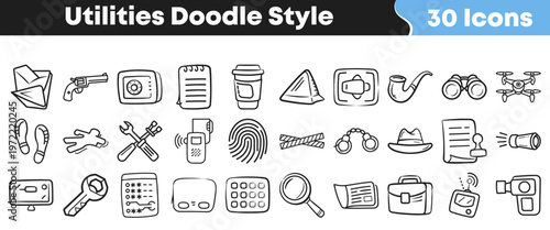 Collection of doodle-style vector icons featuring various tools, crime investigation elements, and general utility items for design projects.