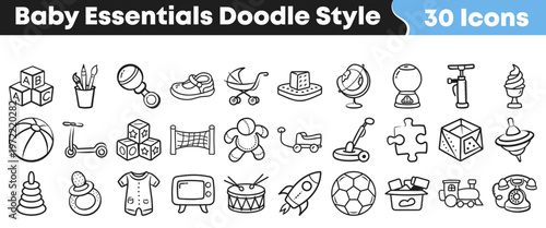 Hand drawn set of cute baby essentials in doodle style featuring various toys and nursery objects for creative design projects
