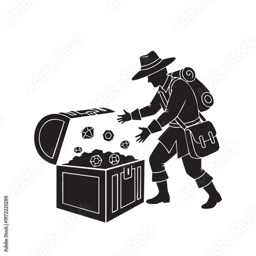 Adventurous man with a backpack and satchel, reaching into an open treasure chest overflowing with sparkling gemstones and precious jewels, vector illustration