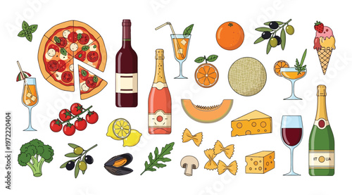 Set of italian food and drinks, pizza, wine, champagne, cheese, pasta, fruits and vegetables