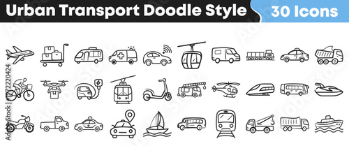 A comprehensive collection of thirty black and white urban transport icons in a modern doodle style, perfect for various design projects.