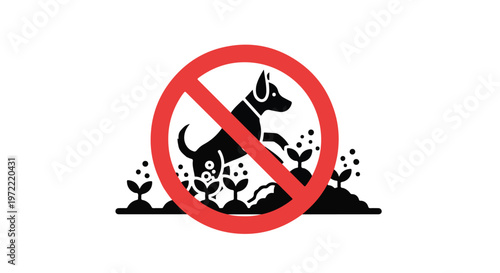 No dogs allowed sign with a silhouette of a dog in a garden with flowers and prohibition symbol
