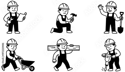 Construction workers in various actions with tools and equipment