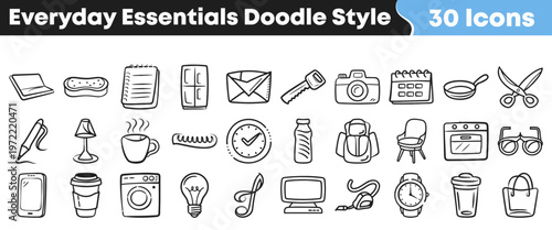 This set features 30 hand-drawn everyday essential doodle style icons, perfect for various design projects and digital interfaces.