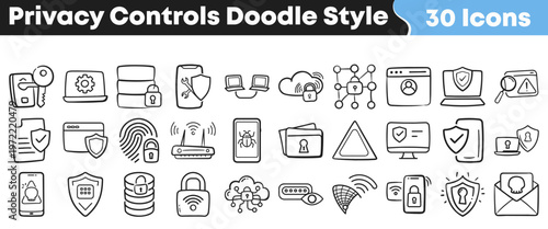 This comprehensive set of privacy controls doodle style icons provides essential visuals for cybersecurity and data protection concepts in digital environments.