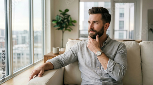 Professional bearded man in casual office attire contemplating by large window with city view
