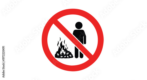 Red prohibition sign with a silhouette of a person and a pile of burning trash indicating no open fire or littering