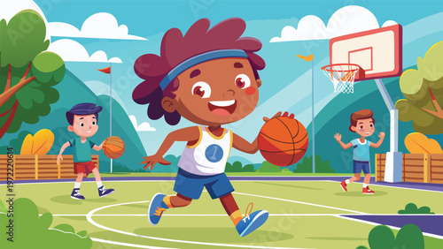 Smiling boy playing basketball on an outdoor court energetic kid dribbling and ready to shoot under sunny sky