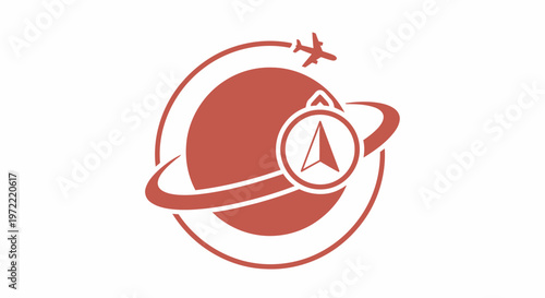 Red Globe Icon with Airplane and Compass for Travel Concept.