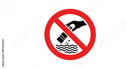 Prohibition sign showing a hand dropping plastic bottle into water with prohibition symbol, representing pollution