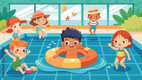 Children having fun at a colorful pool party kids splashing, playing with floaties and beach balls under sunny skies