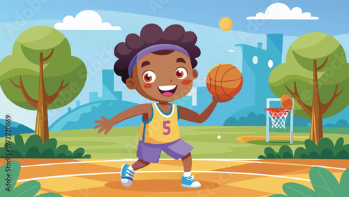 Smiling boy playing basketball on an outdoor court energetic kid dribbling and ready to shoot under sunny sky