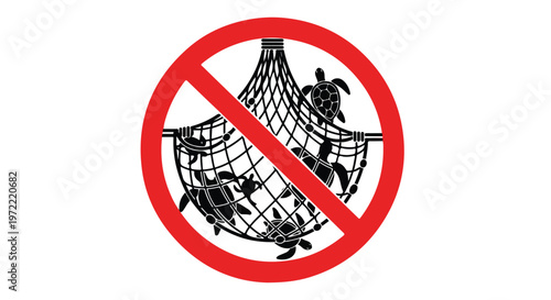 Stop sea turtle overfishing and illegal capture with a clear prohibition sign over a fishing net full of turtles