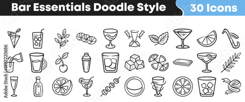 A collection of hand-drawn bar essentials doodle style icons featuring various drinks, tools, and garnishes for cocktail menus and design projects.
