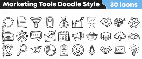 Hand drawn collection of various marketing icons featuring charts and communication symbols for digital business projects and creative branding design