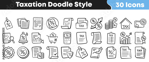A collection of hand-drawn taxation and financial icons in a unique doodle style, perfect for illustrating various economic and accounting concepts.