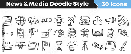 Collection of diverse hand drawn doodle style news and media icons isolated on a plain white background for graphic design