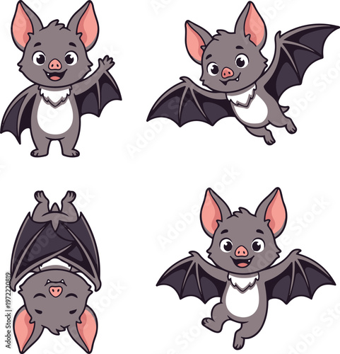 Cute cartoon bat character set in multiple playful poses, including flying, waving, and hanging upside down, illustrated in a friendly vector style.