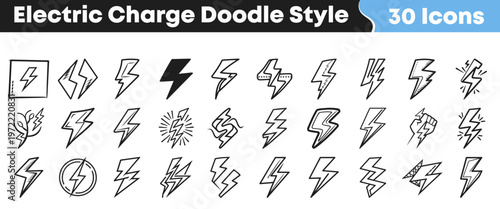 A comprehensive collection of thirty hand-drawn electric charge and lightning bolt icons rendered in a charming doodle style for various design projects.