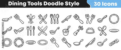 Discover a versatile collection of hand-drawn doodle style dining tools, essential kitchen cutlery, and tableware icons, perfect for food-related design projects.
