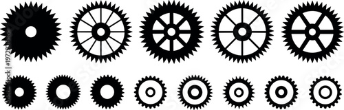 Gear wheel icons set, cogwheel mechanical symbols, industrial engineering elements, machine parts illustration, rotation technology graphics, black silhouette design collection