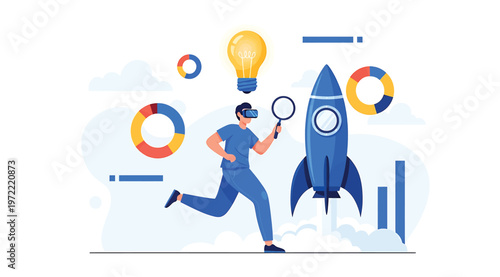 Business innovation and startup growth concept with a person wearing vr glasses, a lightbulb, and a rocket launch