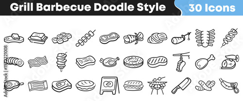 Hand drawn collection of thirty different barbecue grill icons featuring various types of fresh meat cuts for summer cooking themes