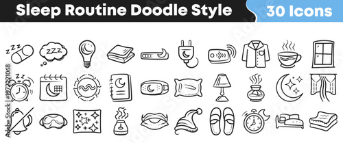 A comprehensive collection of hand-drawn sleep routine icons in a charming doodle style, perfect for illustrating bedtime rituals and rest.