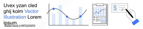 Financial analytics, data trends, business planning, monetization, payment processing, strategic management. Line graph with data points, bar chart clipboard hand writing check. Financial analytics