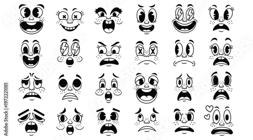 Set of vintage cartoon faces with various emotions, rubber hose style characters, retro 1930s animation expressions
