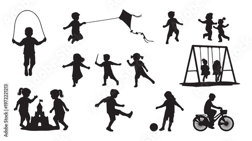 Black silhouette children playing, kids outdoor activities, playground fun, 16 icons set