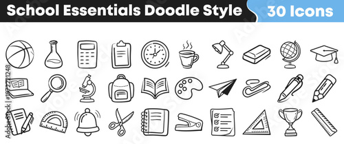 Various hand drawn school supply icons arranged in a collection for education and learning projects on a white background