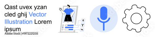 User interface design, voice recognition technology, settings customization, digital tools, app functionality, UI interactions. Male figure navigating app, blue microphone icon black gear. User