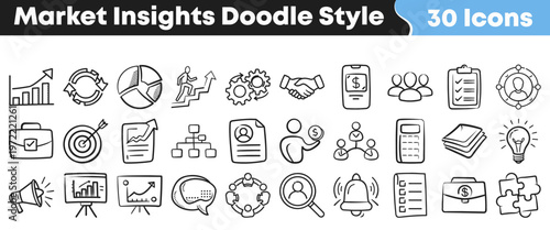 Hand drawn collection of thirty different market insights icons featuring business strategy charts finance analytics and professional growth doodle designs