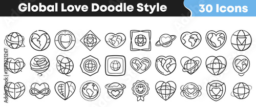 A charming collection of 30 global love doodle icons featuring hearts and earth globes for international affection.