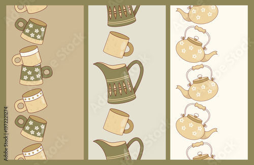 Seamless Vertical Borders with Mismatched Ceramic Kitchenware. Handcrafted Teapots Mugs and Pitchers Ribbons on Earth Tones Background. Washi Tape Set. Vector Illustration.