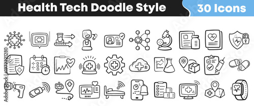 This extensive set of health technology doodle style icons provides essential visual elements for modern medical and digital healthcare designs