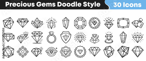 A collection of thirty hand drawn doodle style precious gem icons featuring various diamond shapes and artistic crystal jewelry designs