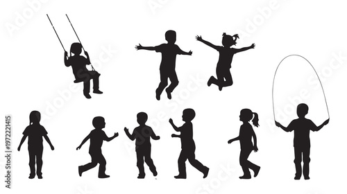 Black silhouettes, kids playing, jumping, running, swinging, hula hoop, playground activities, vector icons