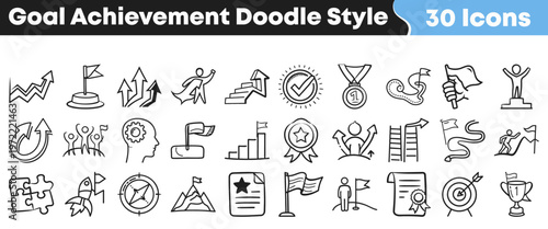 This comprehensive set of 30 hand-drawn doodle style icons brilliantly illustrates various concepts of goal achievement, success, and progress for design projects.
