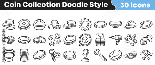 Set of hand drawn coin and construction doodle style icons featuring various currency shapes and different builder related equipment pieces
